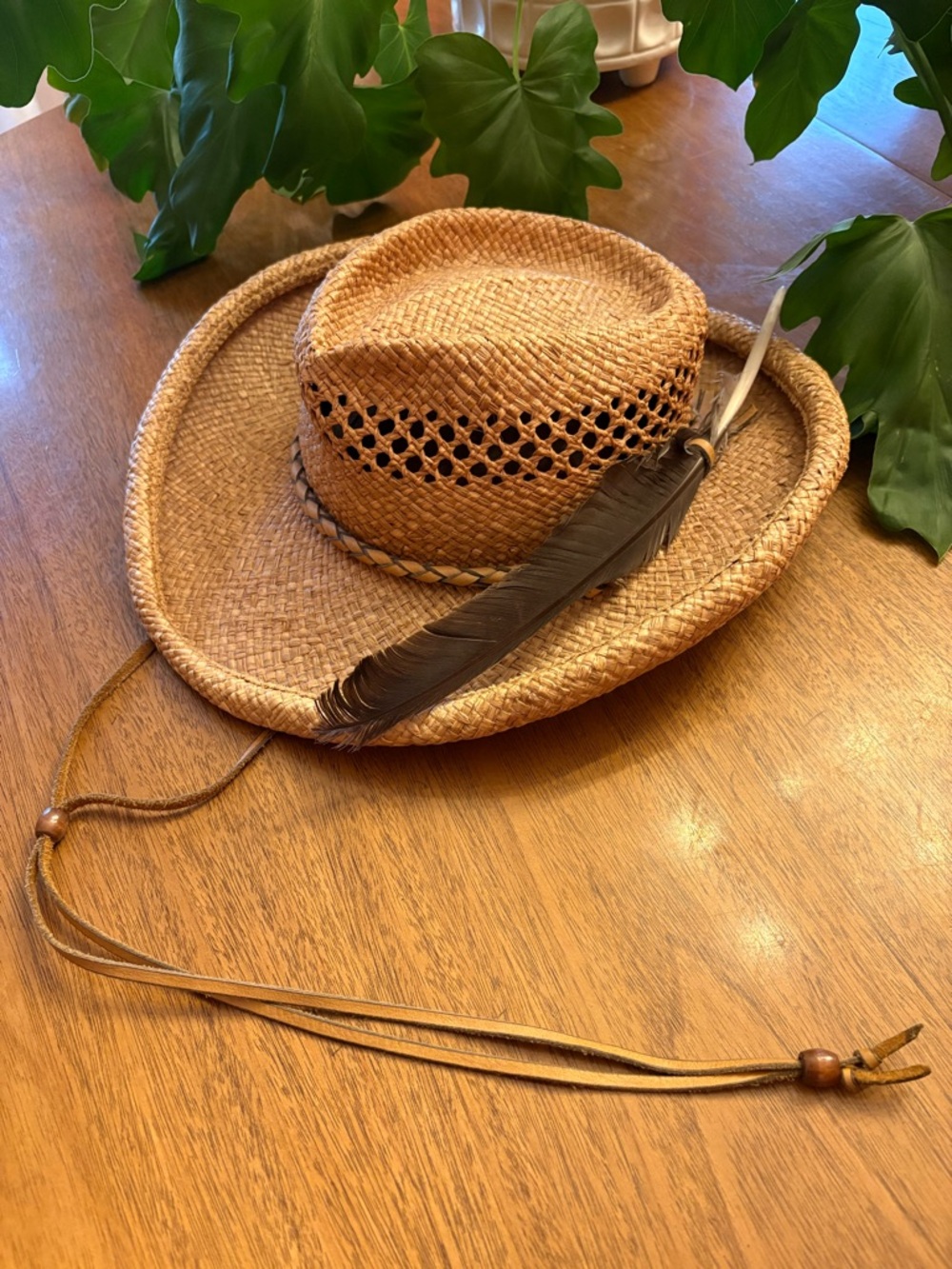 Straw Cowboy Hat with Feather Accent - Natural
